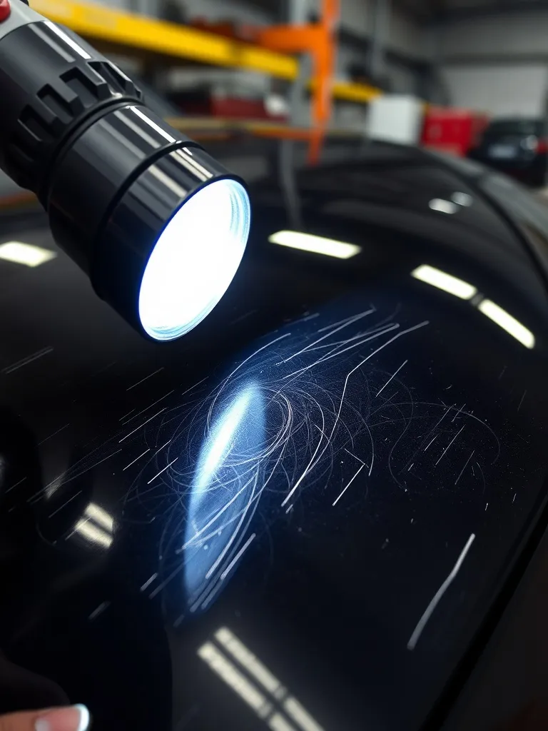 Close-up of a high-end black car paint being inspected with
