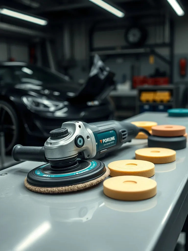 Professional dual action orbital car polisher lying on a cle