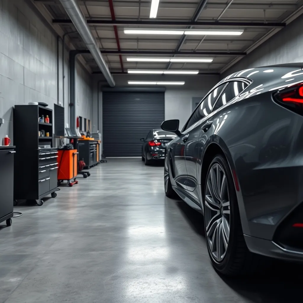 A clean professional car detailing workshop in Huy, modern l